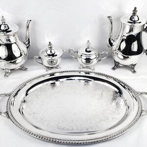 INTERNATIONAL SILVER 5 pc FOOTED TEA & COFFEE SET ON ORIGINAL OVAL BUTLER TRAY